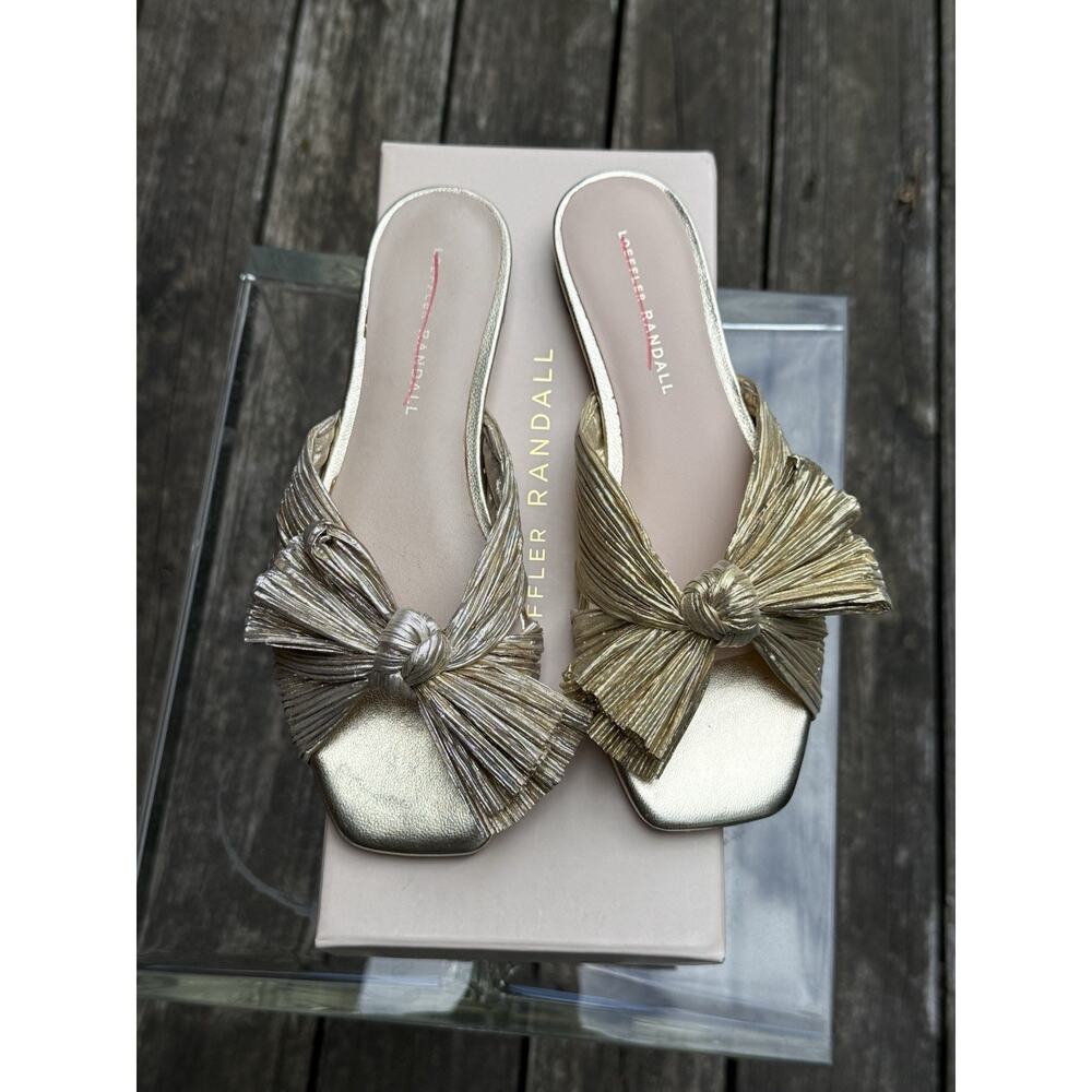 Loeffler Randall Daphne Pleated Bow Sandals Slides Gold Size 6.5